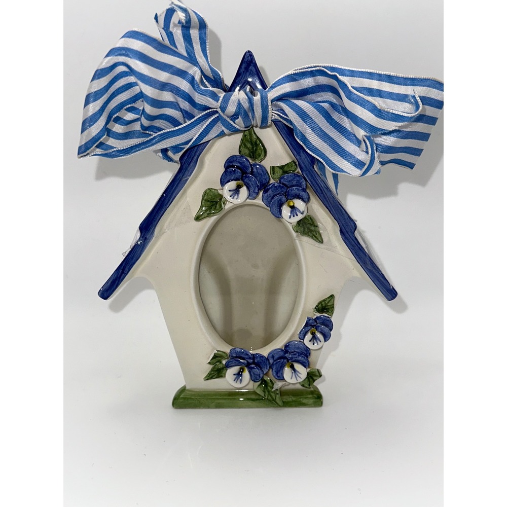 Mud Pie 1998 Ceramic Birdhouse Picture Frame Blue‎ Pansy Floral Striped Bow 6.5"
